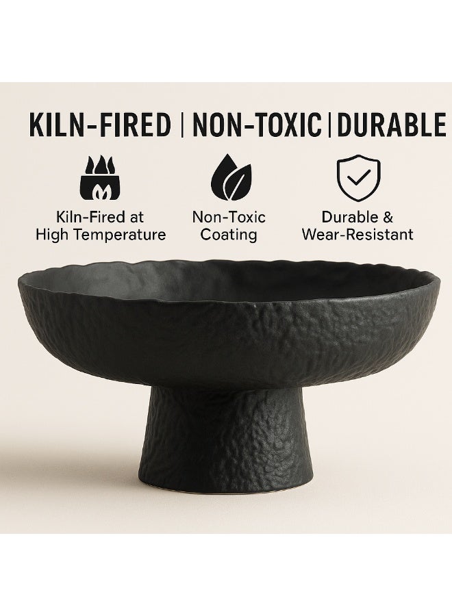 Matte Ceramic High Foot Fruit Bowl | 10.4'' 26.5 CM | Perfect Home Decor | High-Temperature Fired Thickened Ceramic Bowl, Non-Slip Wide Base Serving Platter with Irregular Edge Design- Black - Image 3